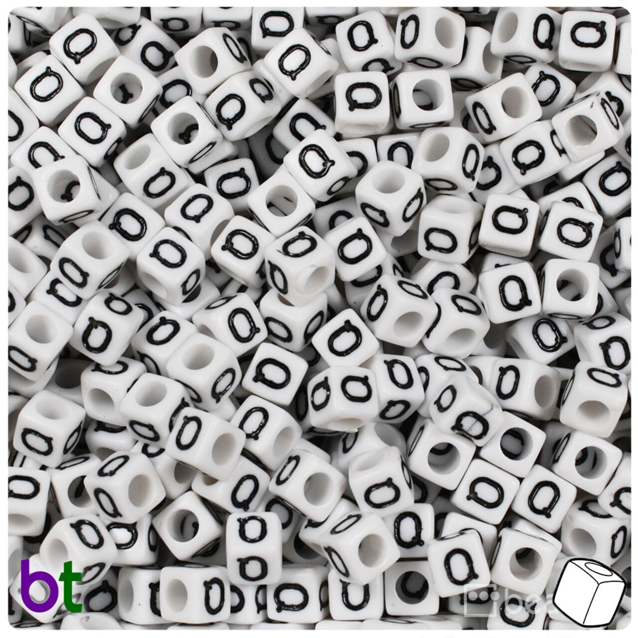 BeadTin White Opaque 6mm Cube Plastic Alpha Beads - Black Letter Q (80pcs)